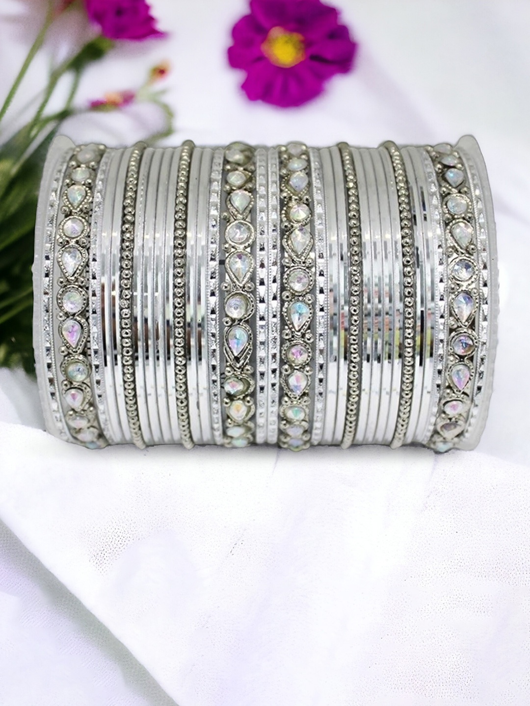 

leshya Set of 32 Brass-Plated Kundan-Studded Bangles, Silver