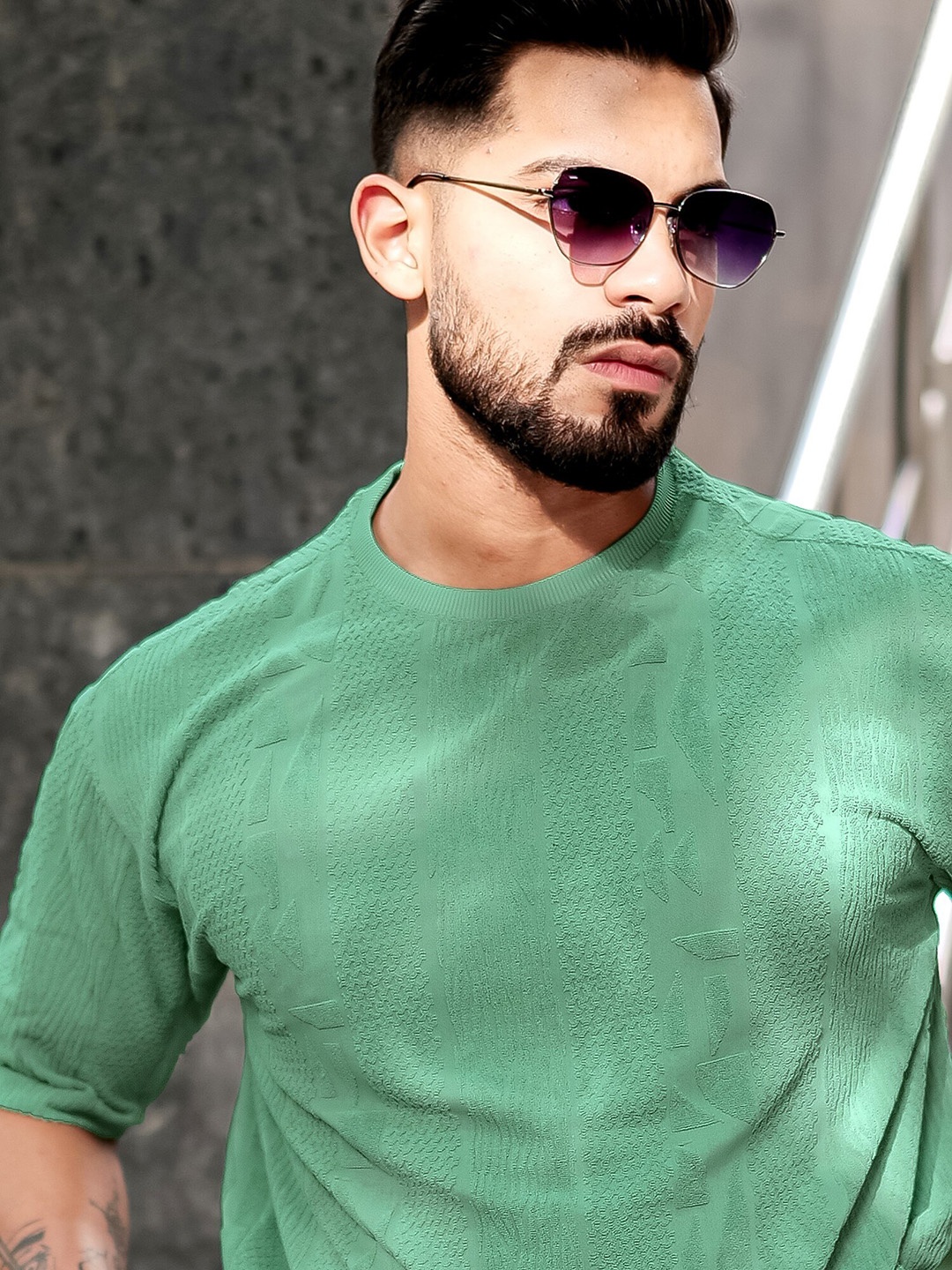 

Maniac Men Self Design Round Neck Oversized T-shirt, Green