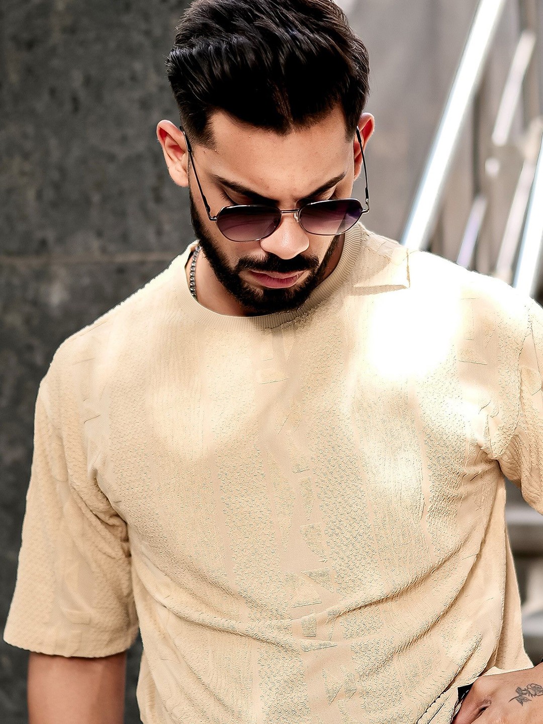 

Maniac Men Self Design Round Neck Oversized T-shirt, Beige