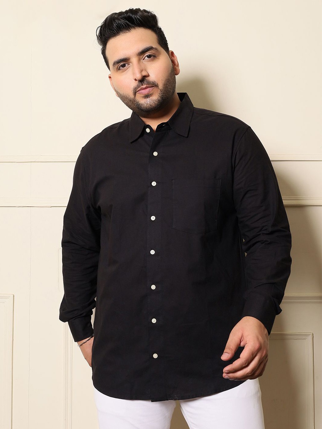 

bigbanana Men Solid Cotton Plus Size Casual Shirt, Black