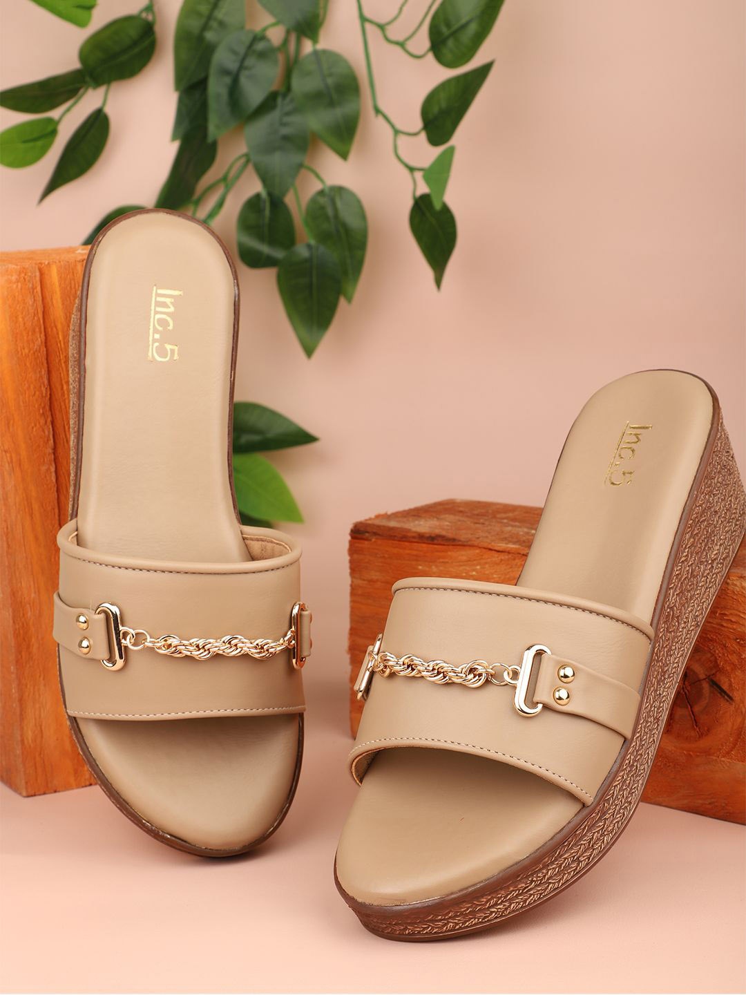

Inc 5 Embellished Chain Detailed Wedge Heels, Beige