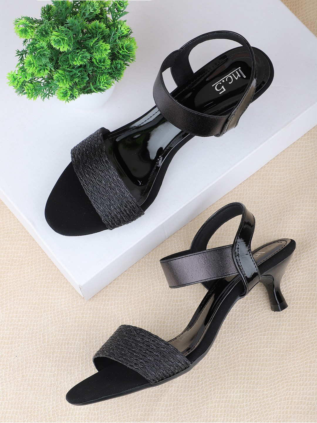 

Inc 5 Woven Design Open Toe Kitten Heels, Black