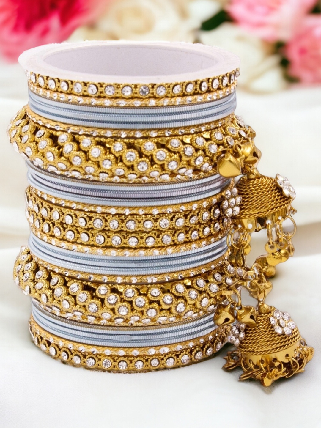 

leshya Set Of 26 Brass Plated Stone Studded Bangles, Grey