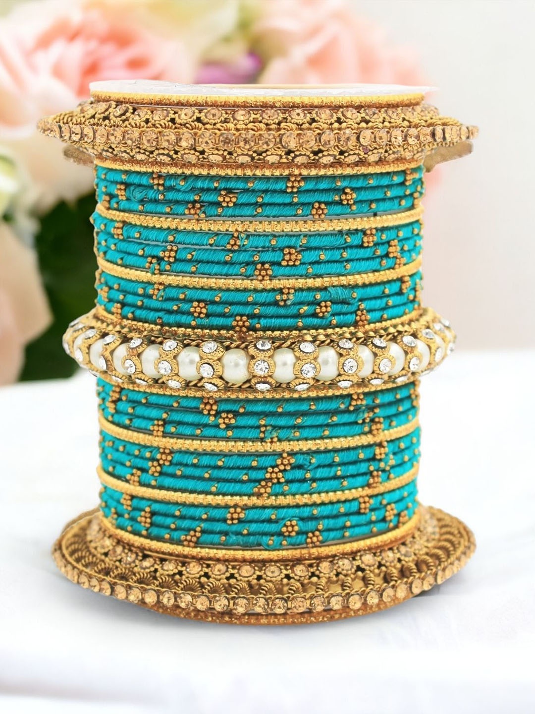 

leshya Set Of 31 Brass-Plated Stone-Studded Bangles, Beige