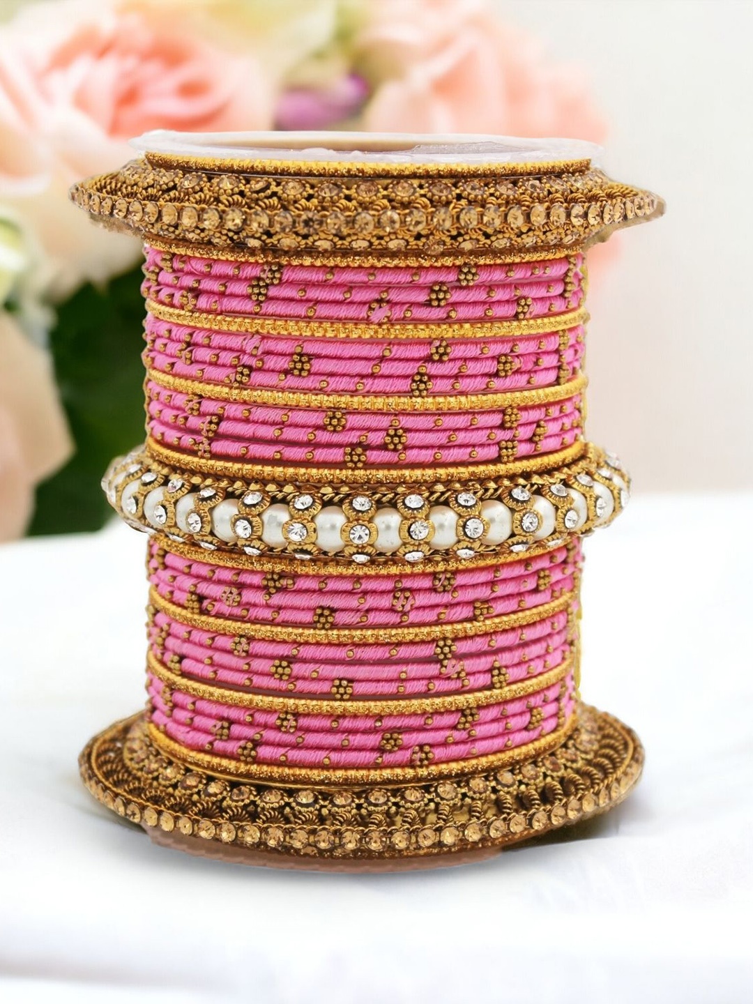 

leshya Set of 31 Brass-Plated Stone Studded Bangles, Beige