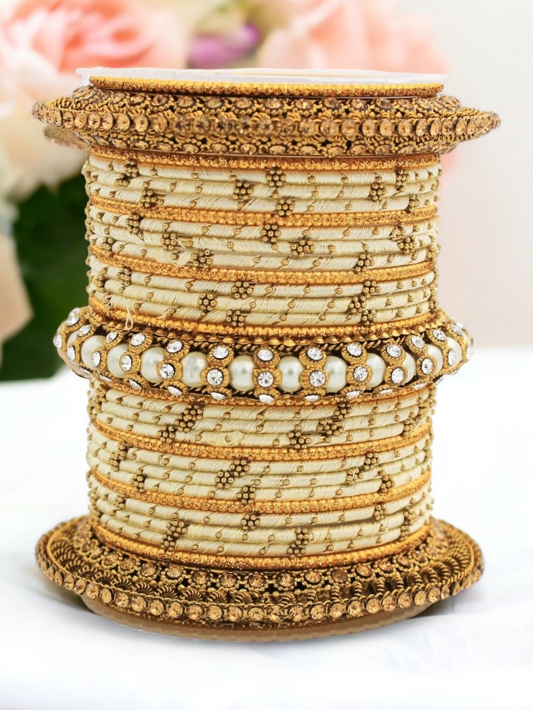 

leshya Set Of 31 Brass Plated Stones Studded & Beaded Thread Bangles, Beige