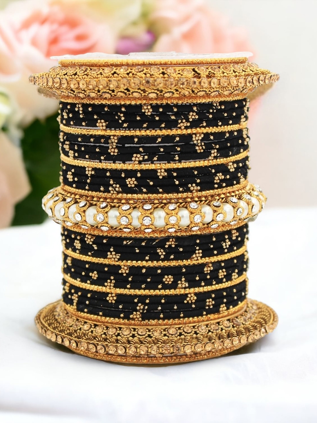 

leshya Set Of 31 Brass Plated Stone Studded Bangles, Beige