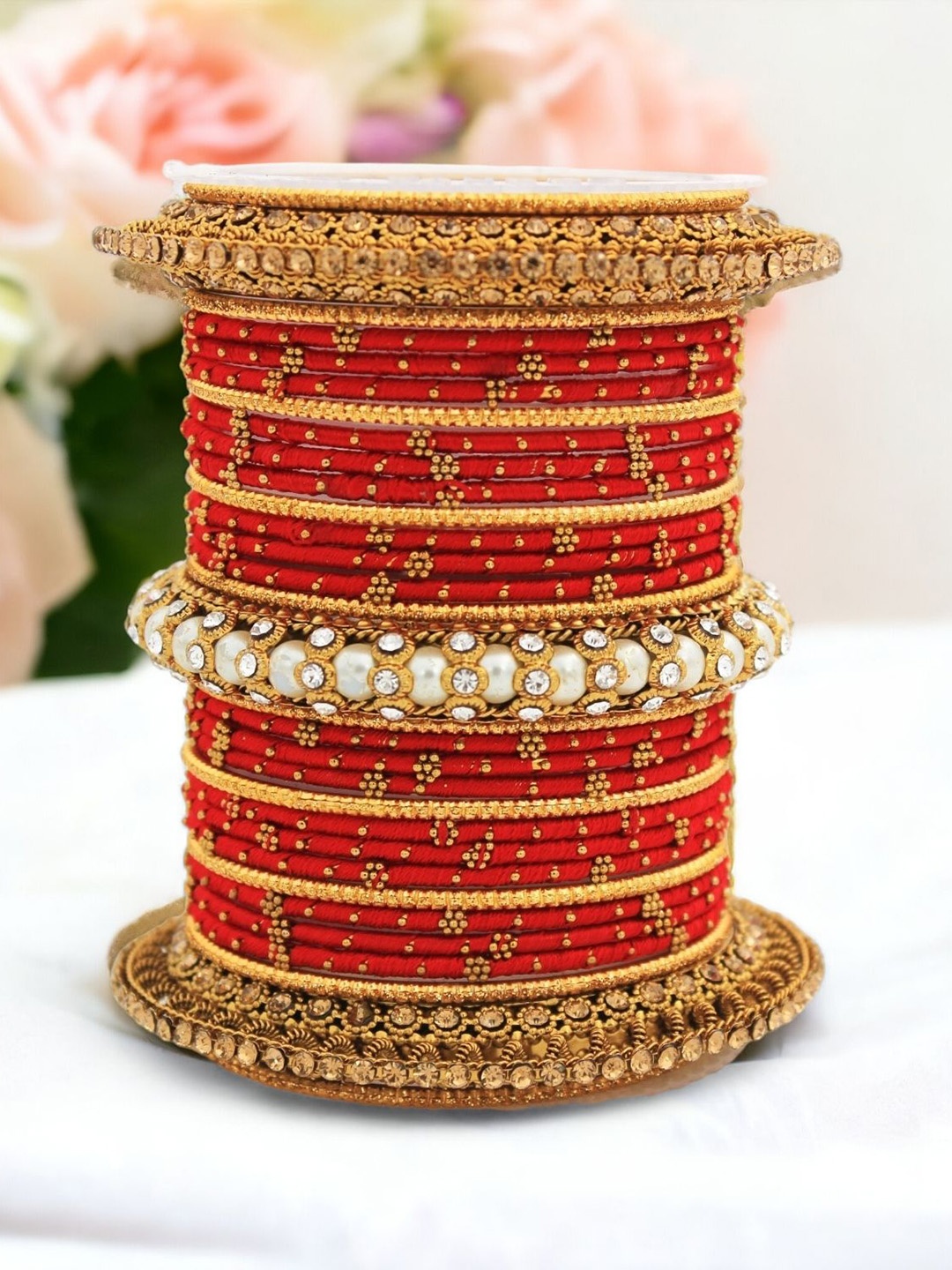 

leshya Set Of 31 Brass Plated Stone Studded & Beaded Bangles, Beige