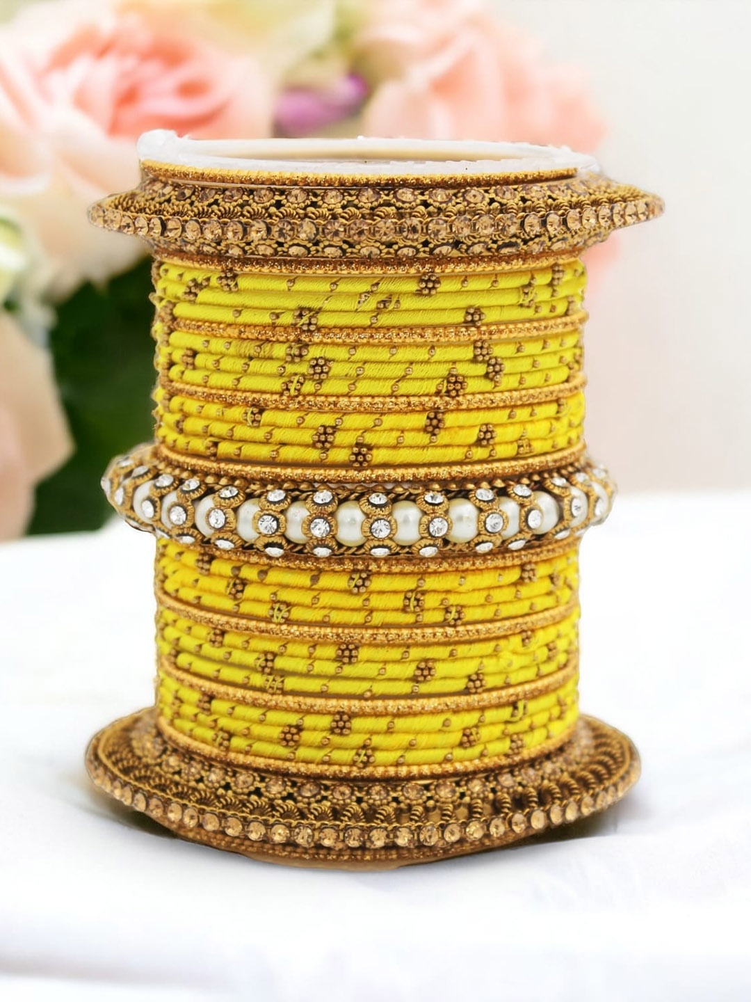 

leshya Set Of 31 Brass Plated Stones Studded & Beaded Thread Bangles, Beige