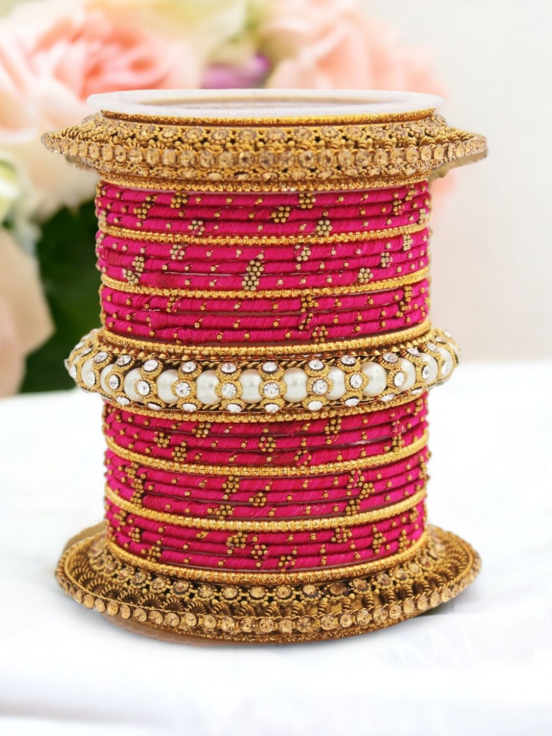 

leshya Set Of 31 Stone Studded Threaded Bangles, Pink