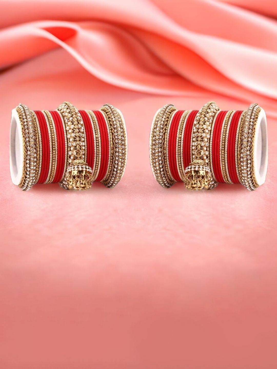 

leshya Set Of 50 Brass Plated Stones Studded Jhumki Bangles, Beige