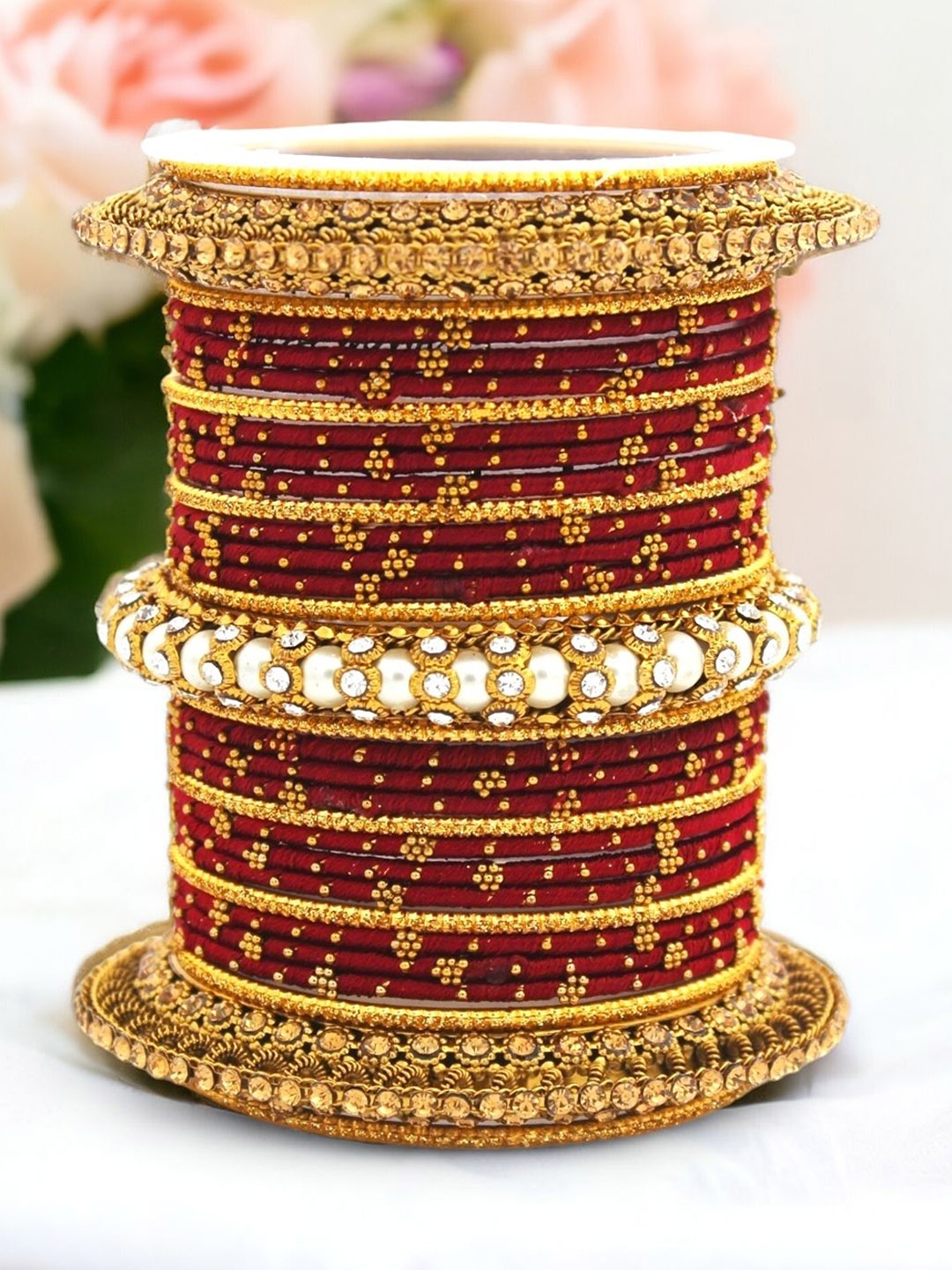 

leshya Set Of 31 Stone Studded & Beaded Details Bangles, Gold