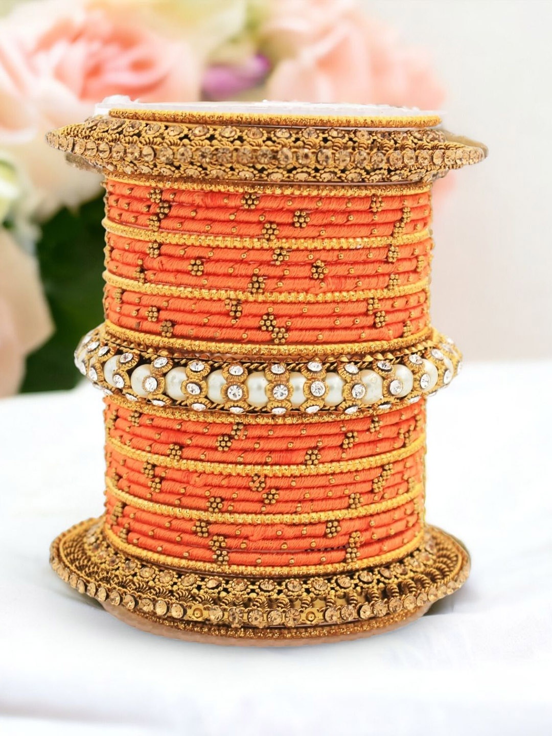 

leshya Set Of 31 Brass-Plated Stone-Studded Bangles, Beige