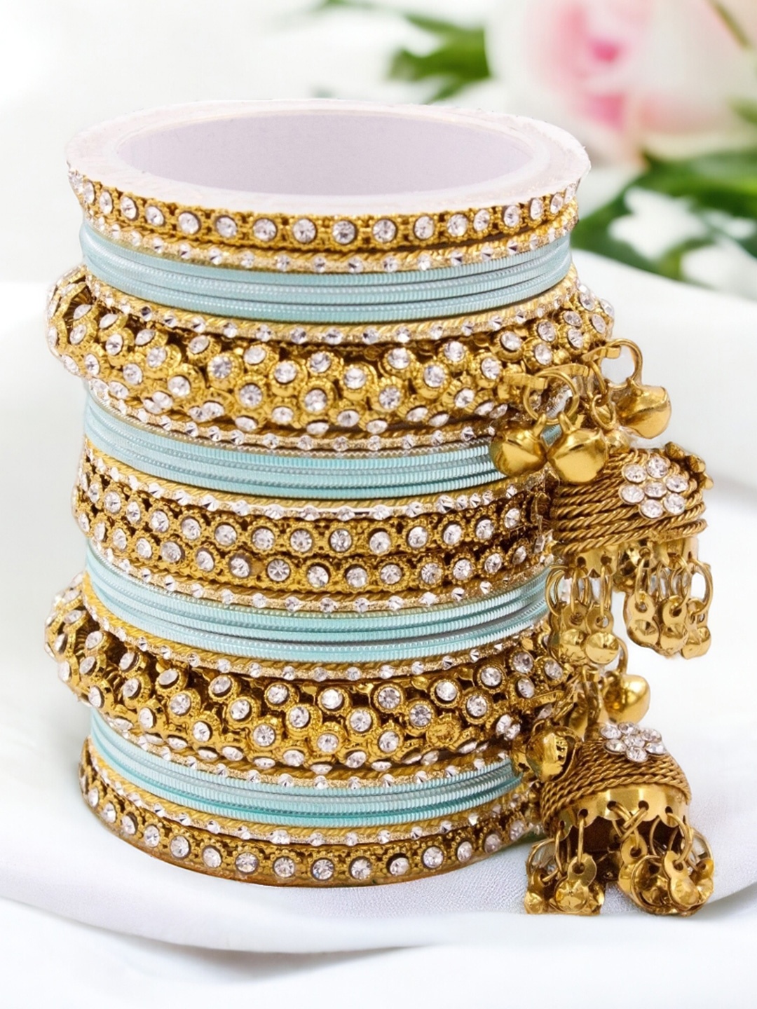 

leshya Set Of 26 Brass-Plated Stone-Studded Jhumki Bangles, Bronze