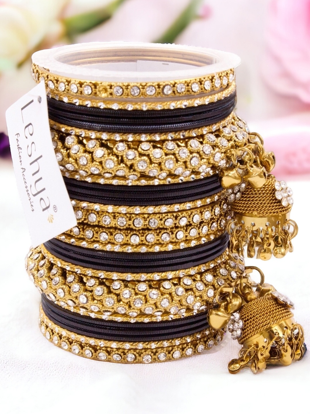 

leshya Set Of 26 Brass-Plated Stone Studded Bangles, Beige
