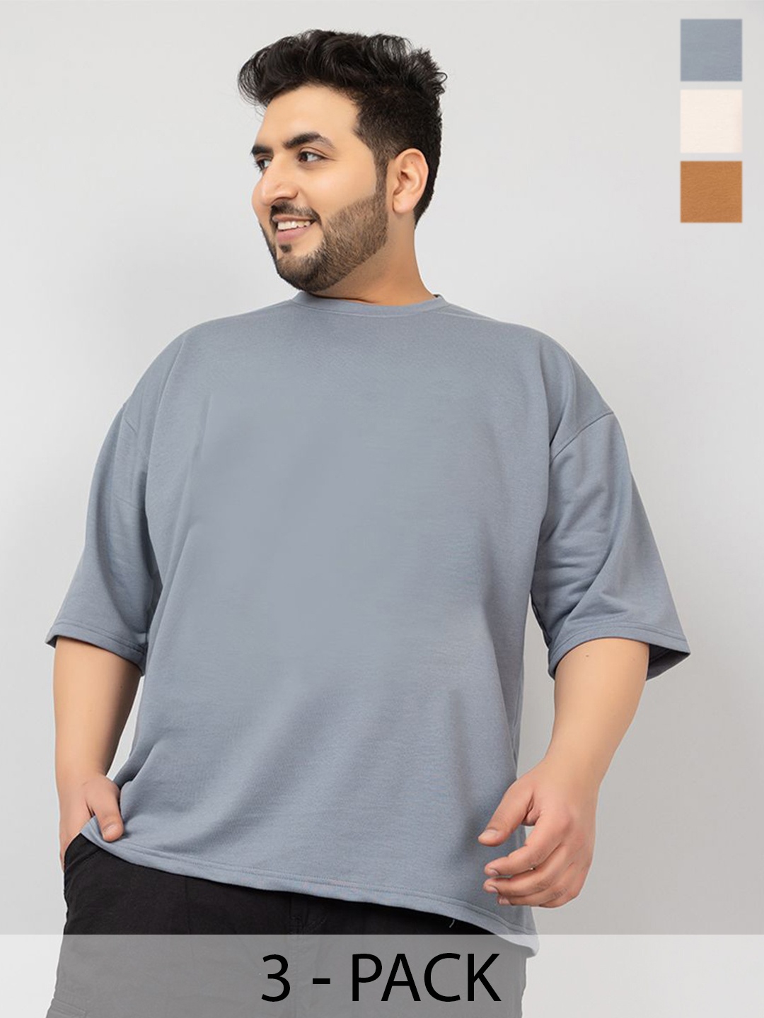 

CHKOKKO Men Plus Size Pack Of 3 Solid Round Neck Oversized T-shirt, Grey