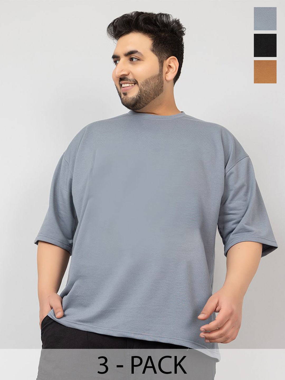 

CHKOKKO Men Plus Size Pack Of 3 Solid Round Neck Oversized T-shirt, Grey