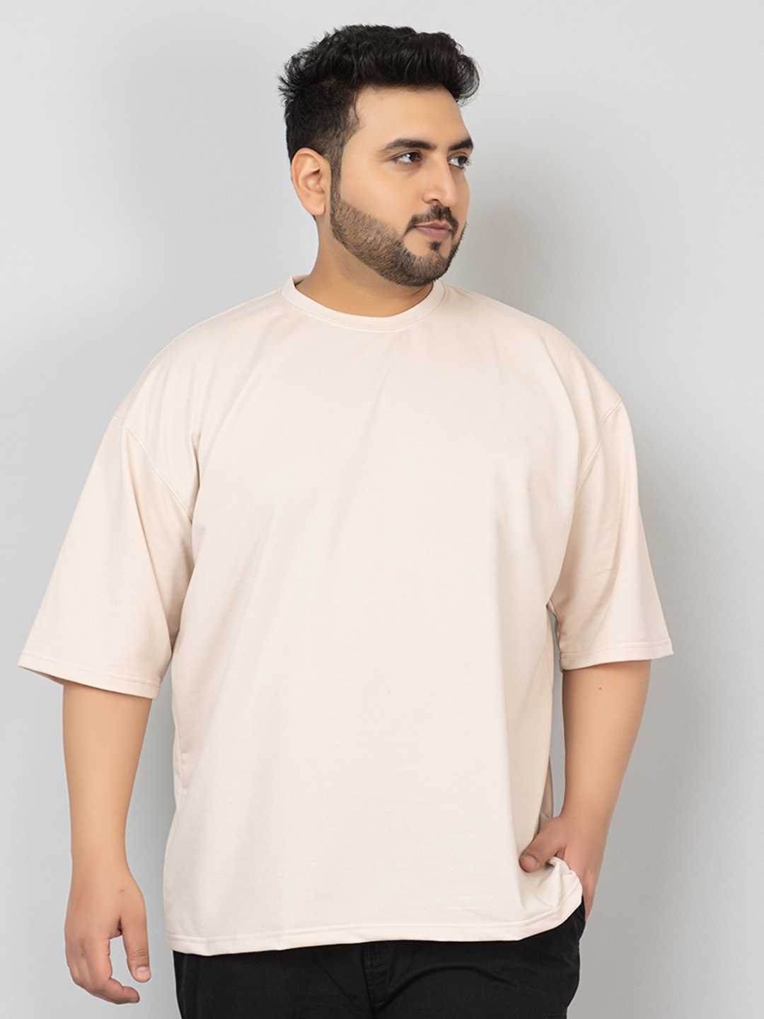 

CHKOKKO Pack Of 3 Round Neck Drop-Shoulder Sleeves Cotton Oversized T-shirt, Cream