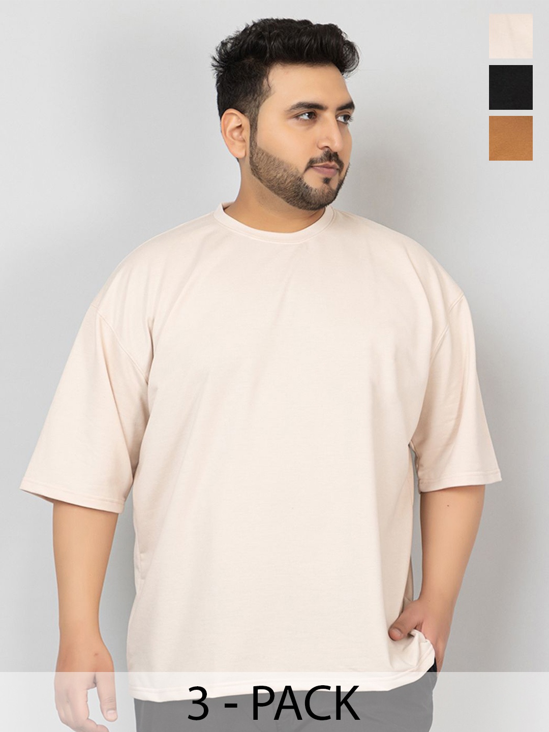 

CHKOKKO Men Pack Of 3 Round Neck Solid Longline Plus Size T-shirts, Black