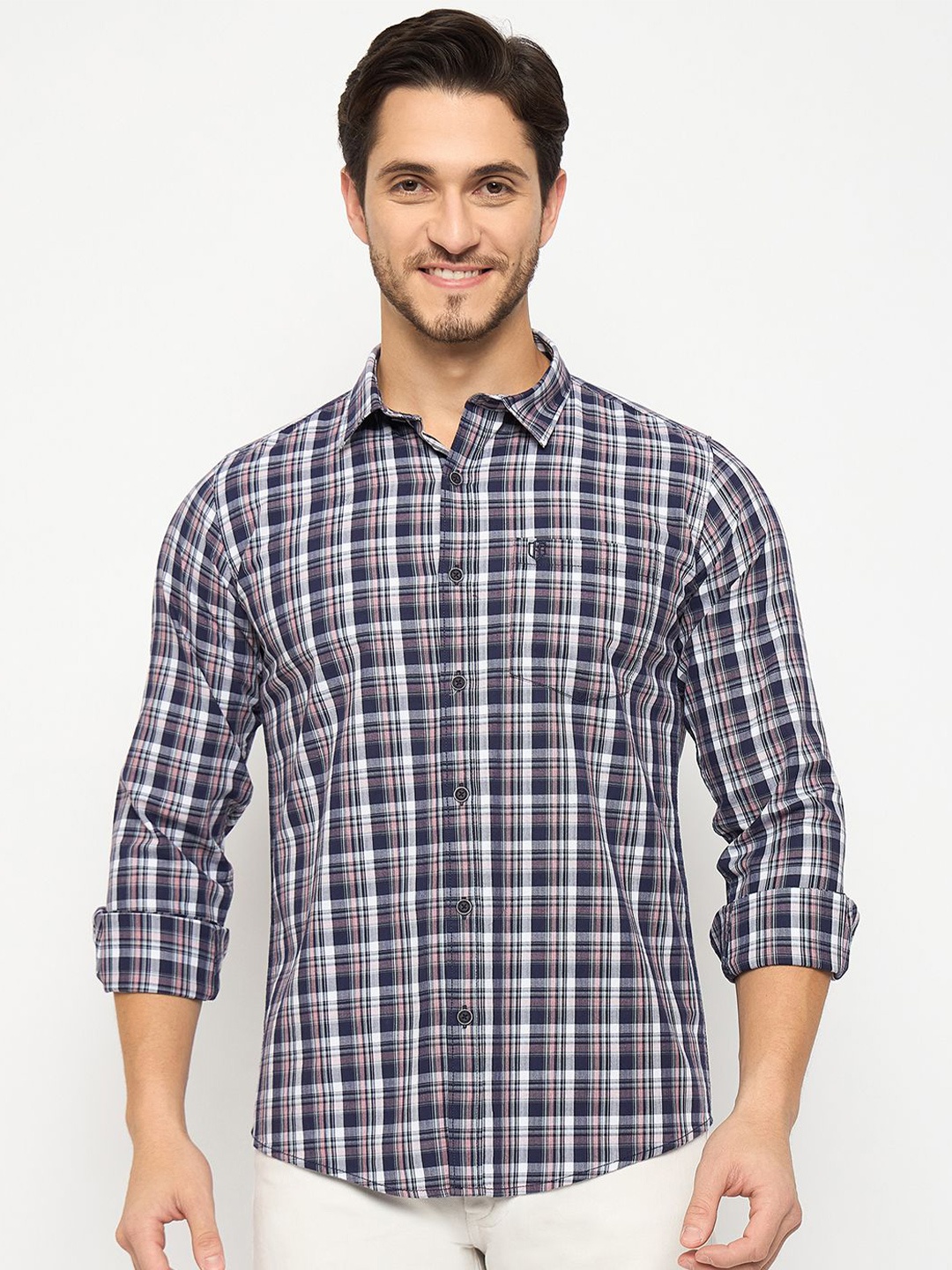 

Duke Men Slim Fit Tartan Checks Opaque Checked Casual Shirt, Blue