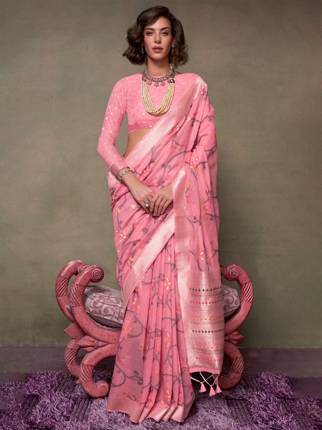 

DEVATITHI Ethnic Motifs Zari Jamdani Saree, Pink