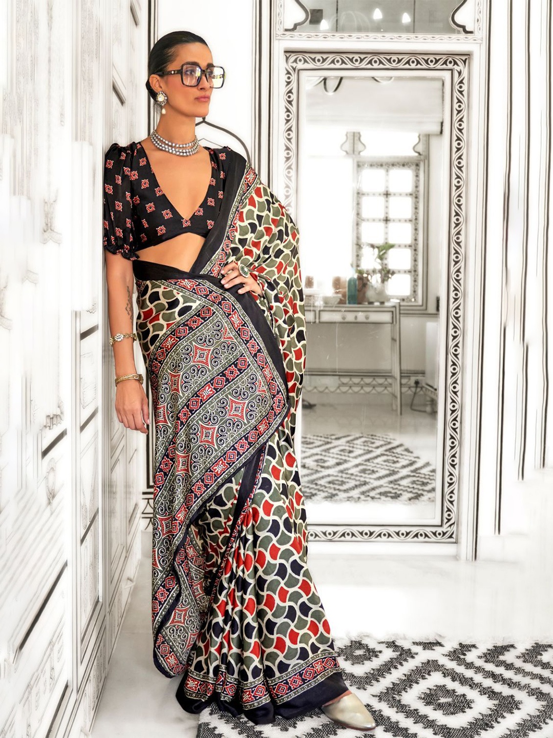 

DEVATITHI Satin Ajarkh Prints Sarees, Grey