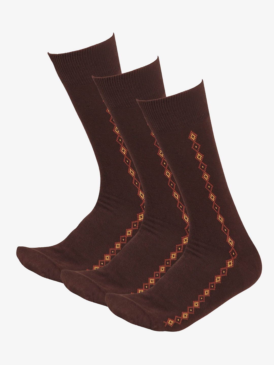 

Bodycare Men Pack Of 3 Patterned Moisture Wicking Calf Length Socks, Brown