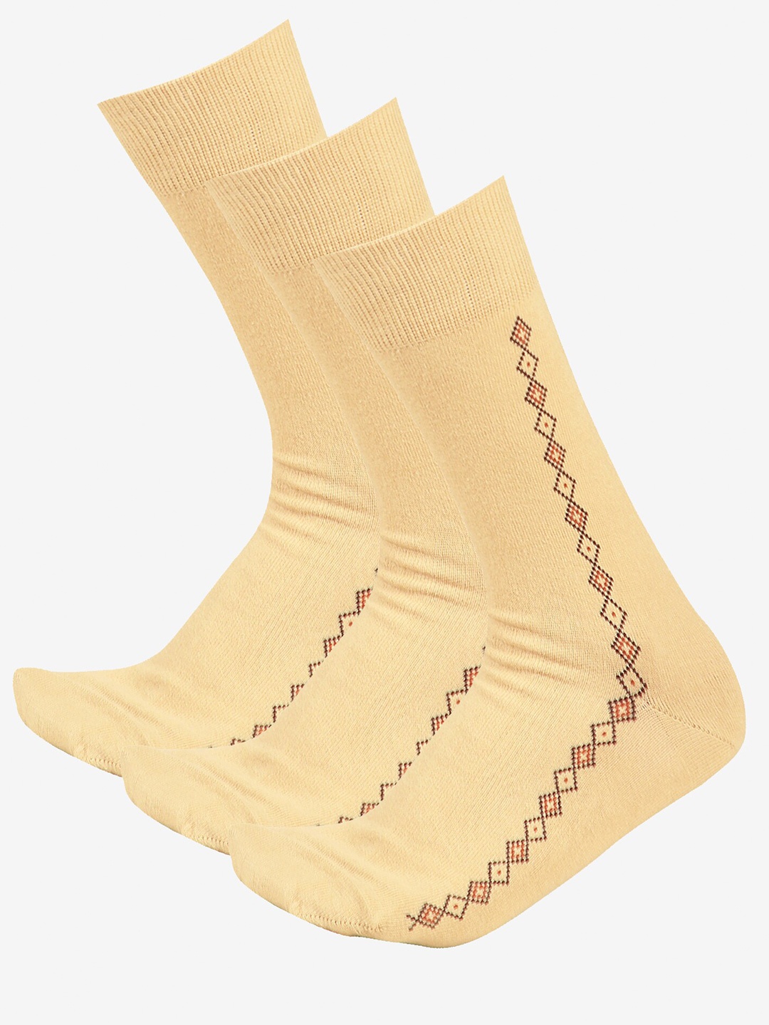 

Bodycare Men Pack of 3 Patterned Moisture Wicking Combed Cotton Calf Length Socks, Beige