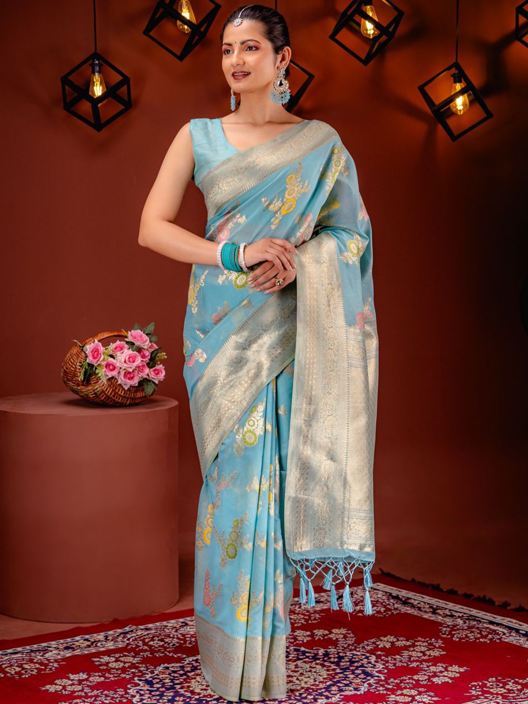 

MIMOSA Floral Zari Banarasi Saree, Turquoise blue