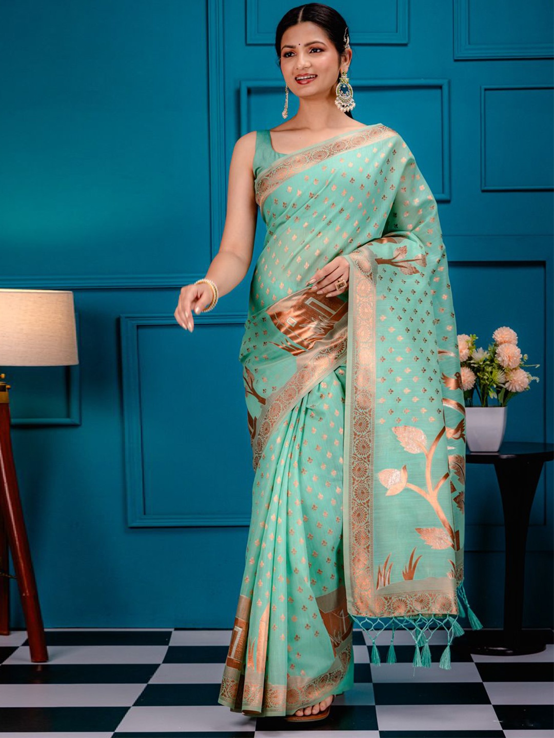 

MIMOSA Woven Design Zari Banarasi Saree, Sea green