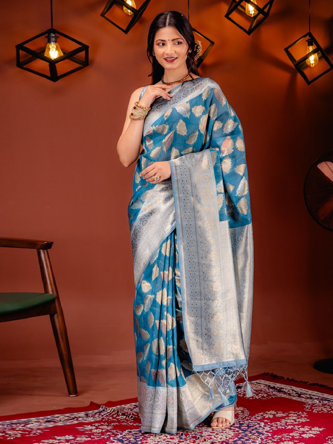 

MIMOSA Woven Design Zari Kanjeevaram Saree, Turquoise blue