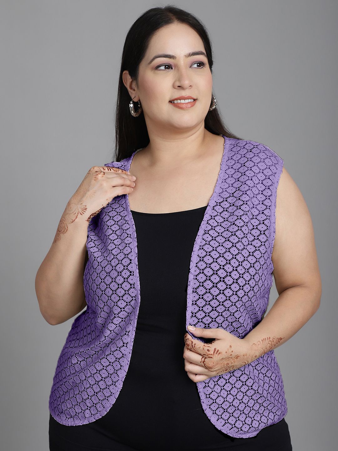 

urSense Plus Size Self Design Sheer Cotton Crop Open Front Shrug, Purple