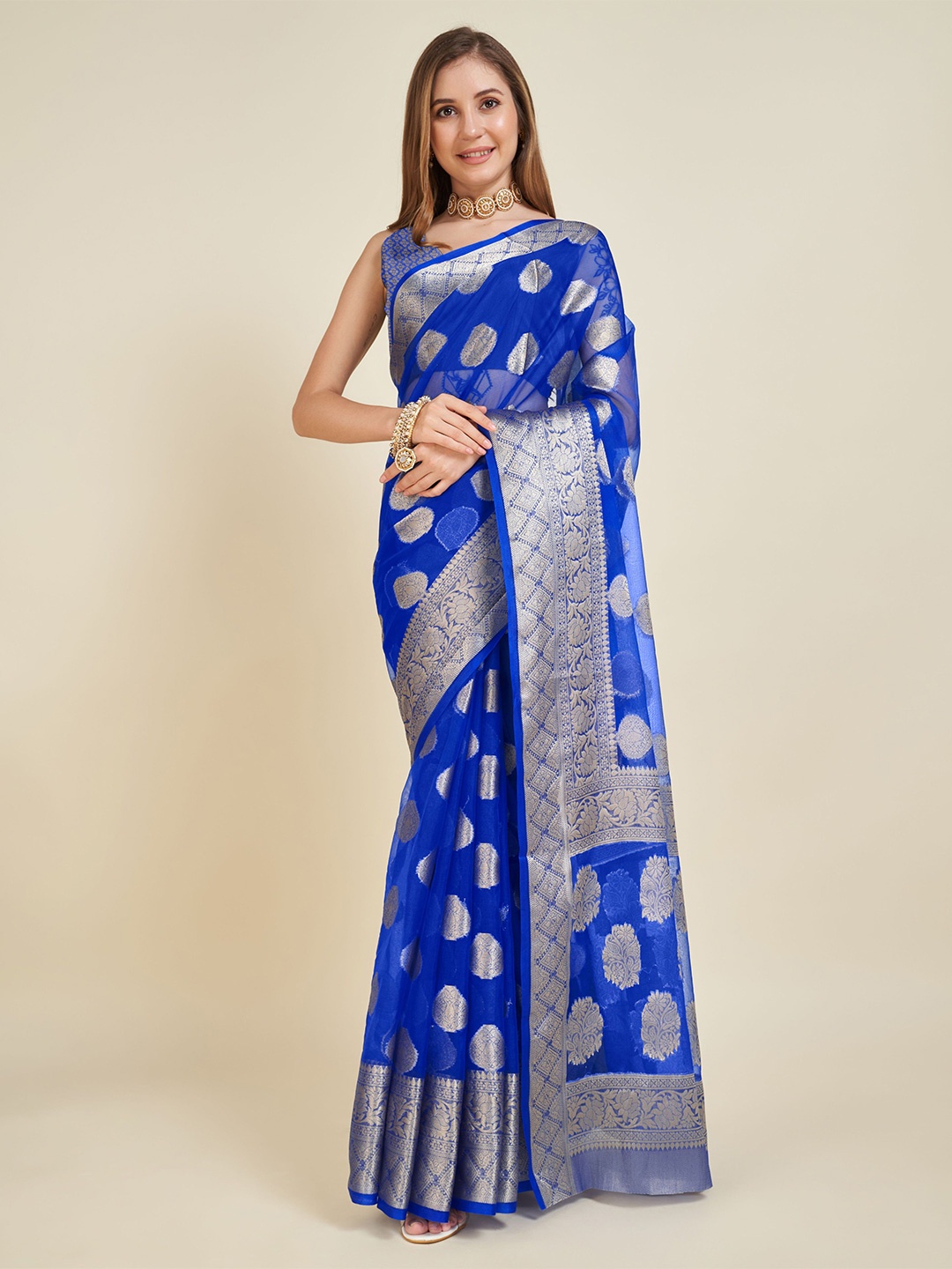 

Upalksh Ethnic Motifs Zari Organza Tussar Saree, Blue