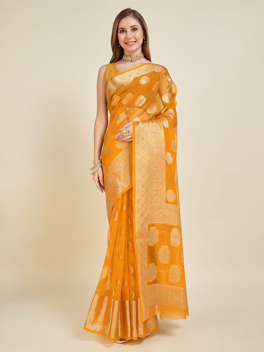 

Upalksh Ethnic Motifs Zari Organza Tussar Saree, Yellow