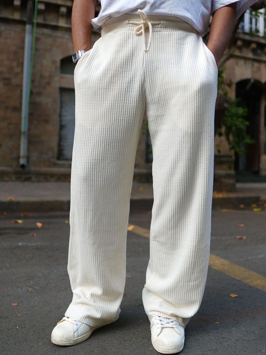 

Powerlook Men Texture Baggy Fit Track Pants, Cream