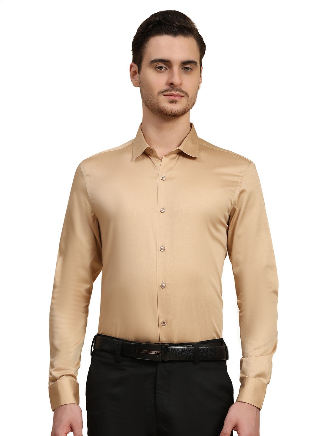 

BAESD Men Solid Spread Collar Formal Shirt, Beige