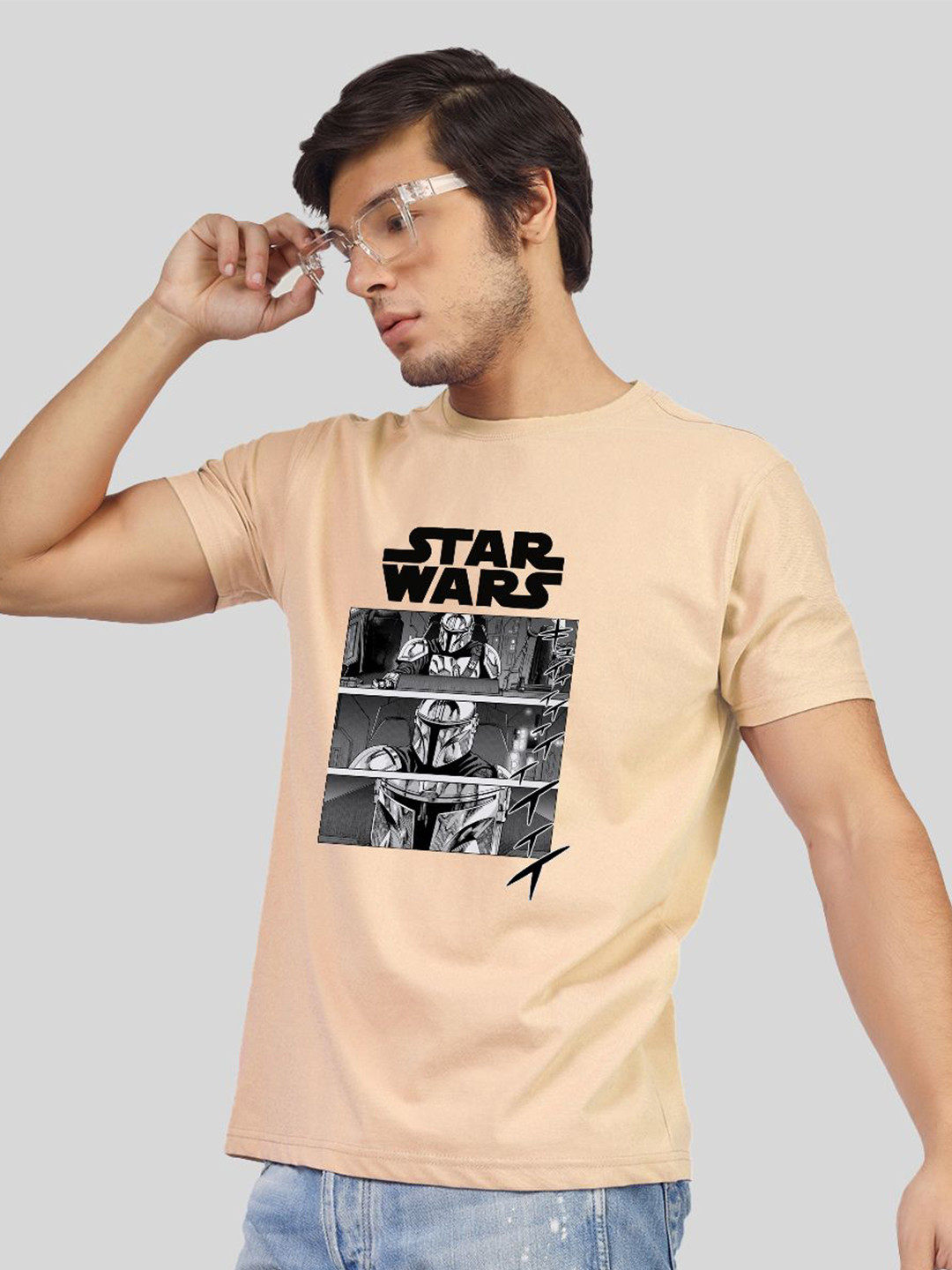 

Greylongg Men Graphic Star Wars Printed Round Neck T-shirt, Beige
