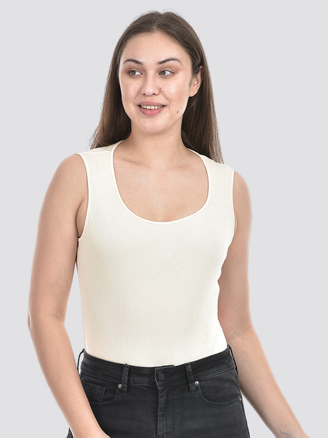 

ONEWAY Women Skinny Fit Pure Cotton Bodysuit, Cream