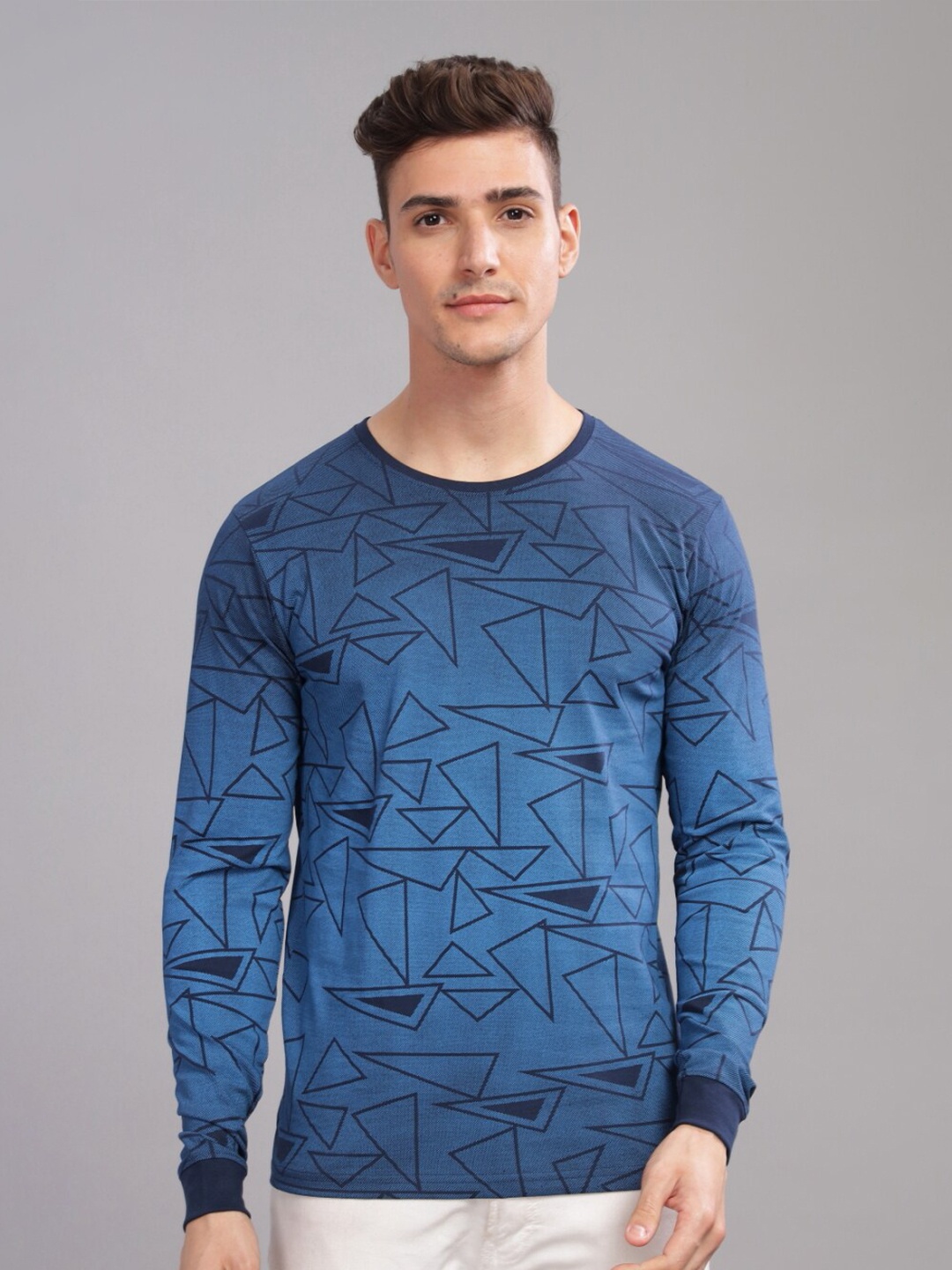 

ADRO Men Geometric Printed Round Neck T-shirt, Navy blue