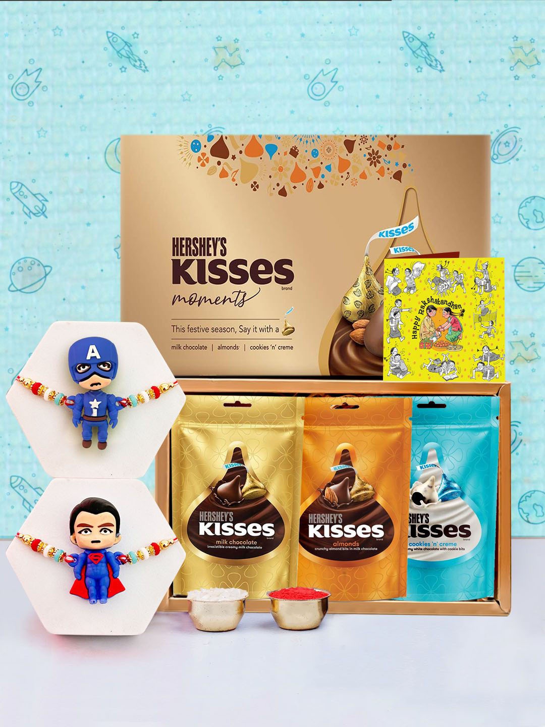 

TIED RIBBONS Kids Set of 2 Rakhis with Chocolate & Card with Roli Chawal, Blue