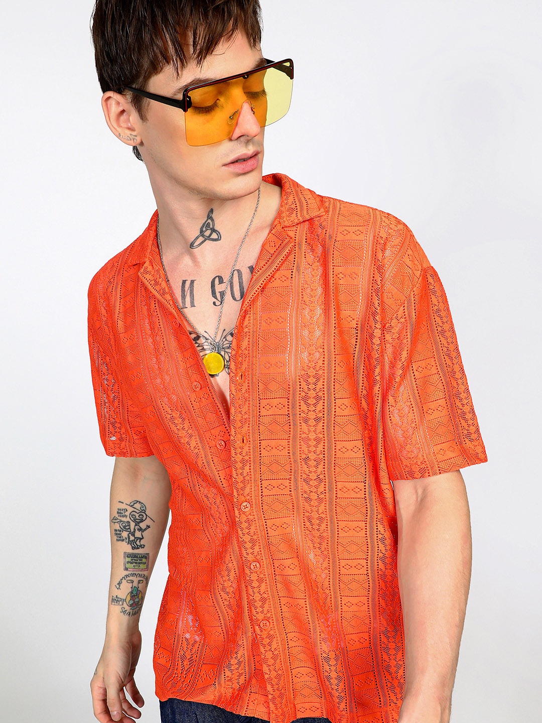 

Campus Sutra Men Comfort Cuban Collar Geometric Oversized Casual Shirt, Orange