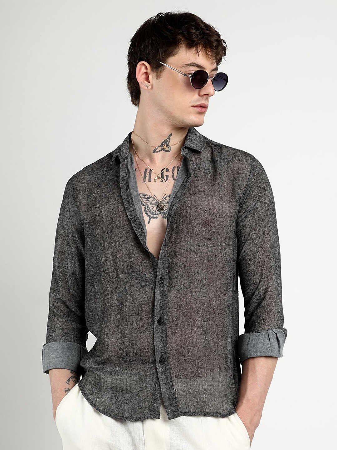

Campus Sutra Men Comfort Gauzy Heathered Casual Shirt, Charcoal