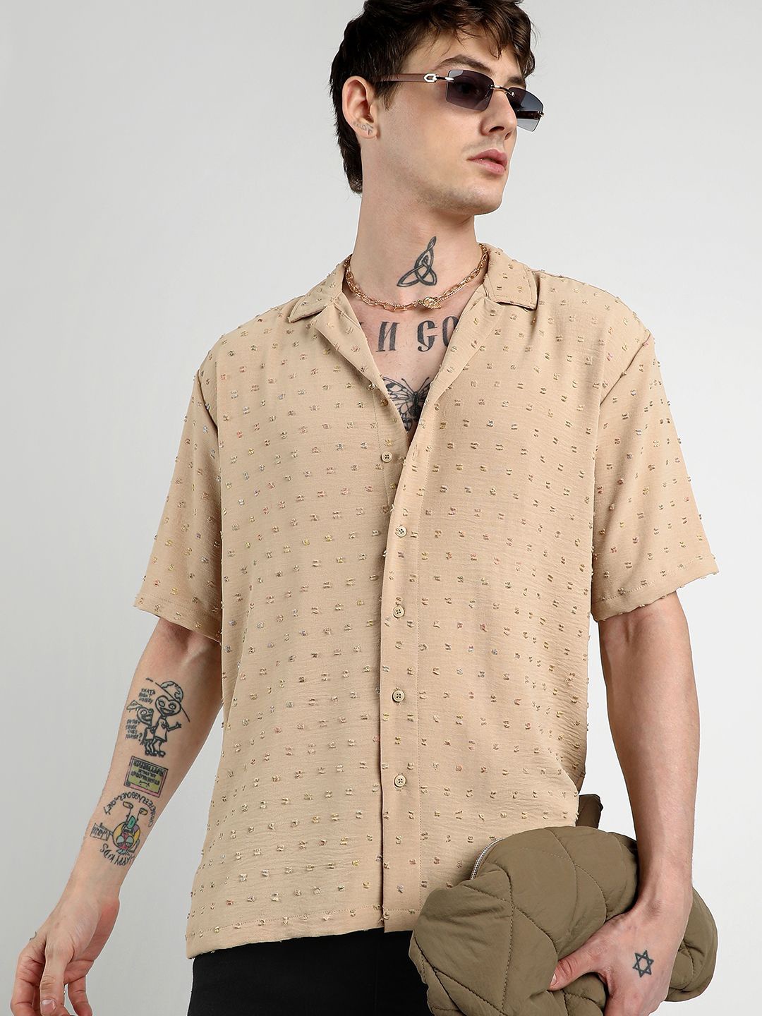 

Campus Sutra Men Comfort Cuban Collar Oversized Pom-Pom Casual Shirt, Beige