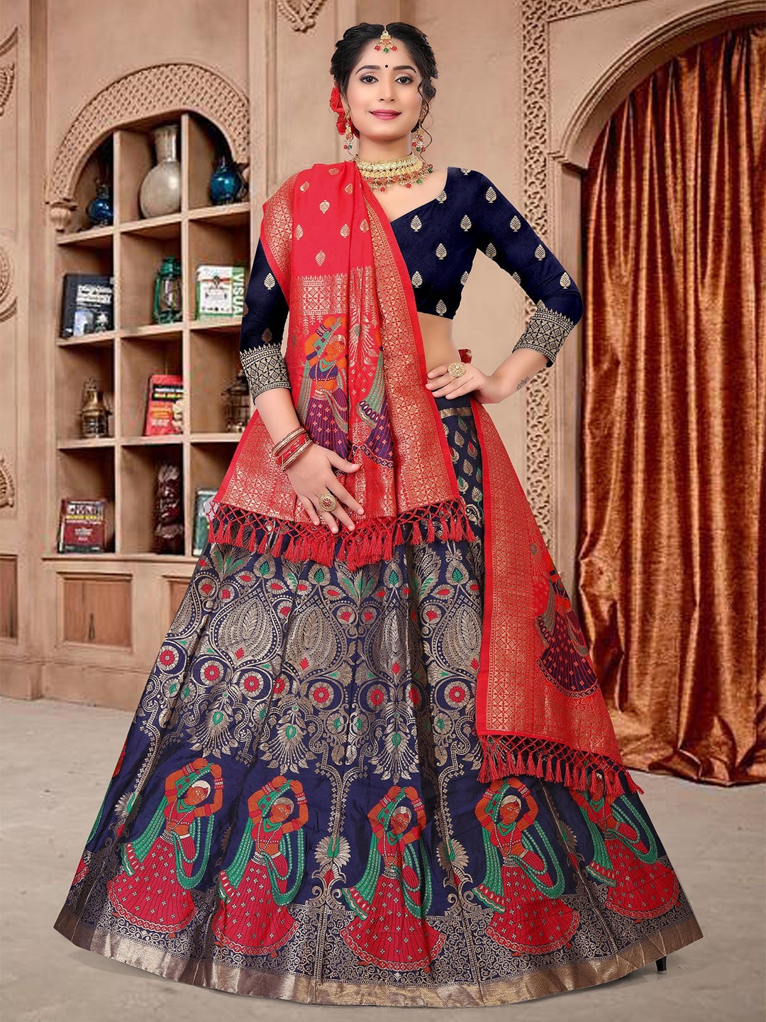 

KALINI Printed Semi-Stitched Lehenga & Unstitched Blouse With Dupatta, Blue