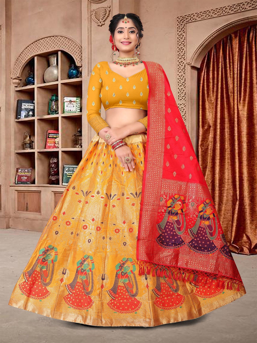 

KALINI Semi-Stitched Lehenga & Unstitched Blouse With Dupatta, Yellow
