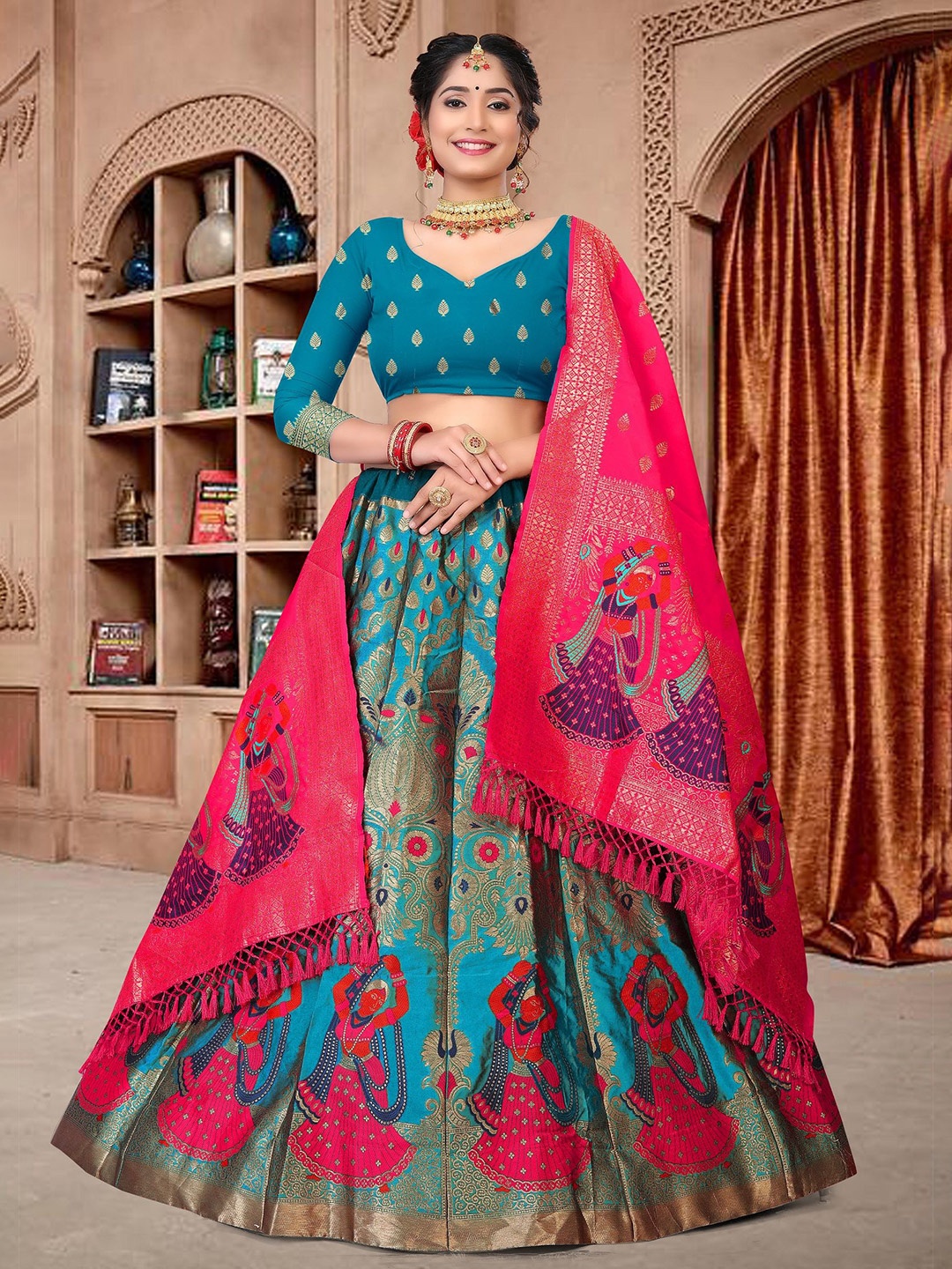 

KALINI Printed Semi-Stitched Lehenga & Unstitched Blouse With Dupatta, Blue