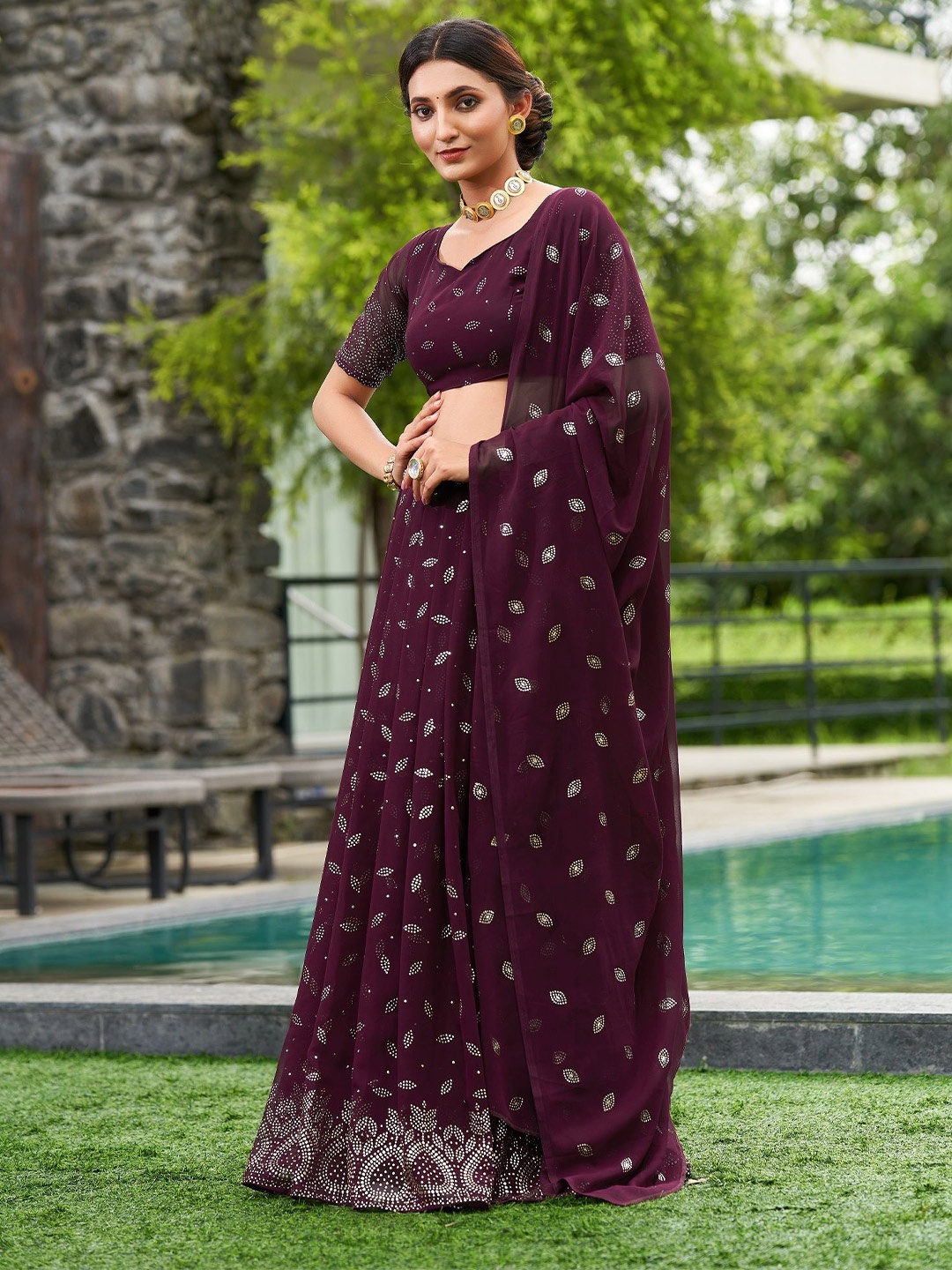 

KALINI Embellished Beads and Stones Semi-Stitched Lehenga & Unstitched Blouse With Dupatta, Purple