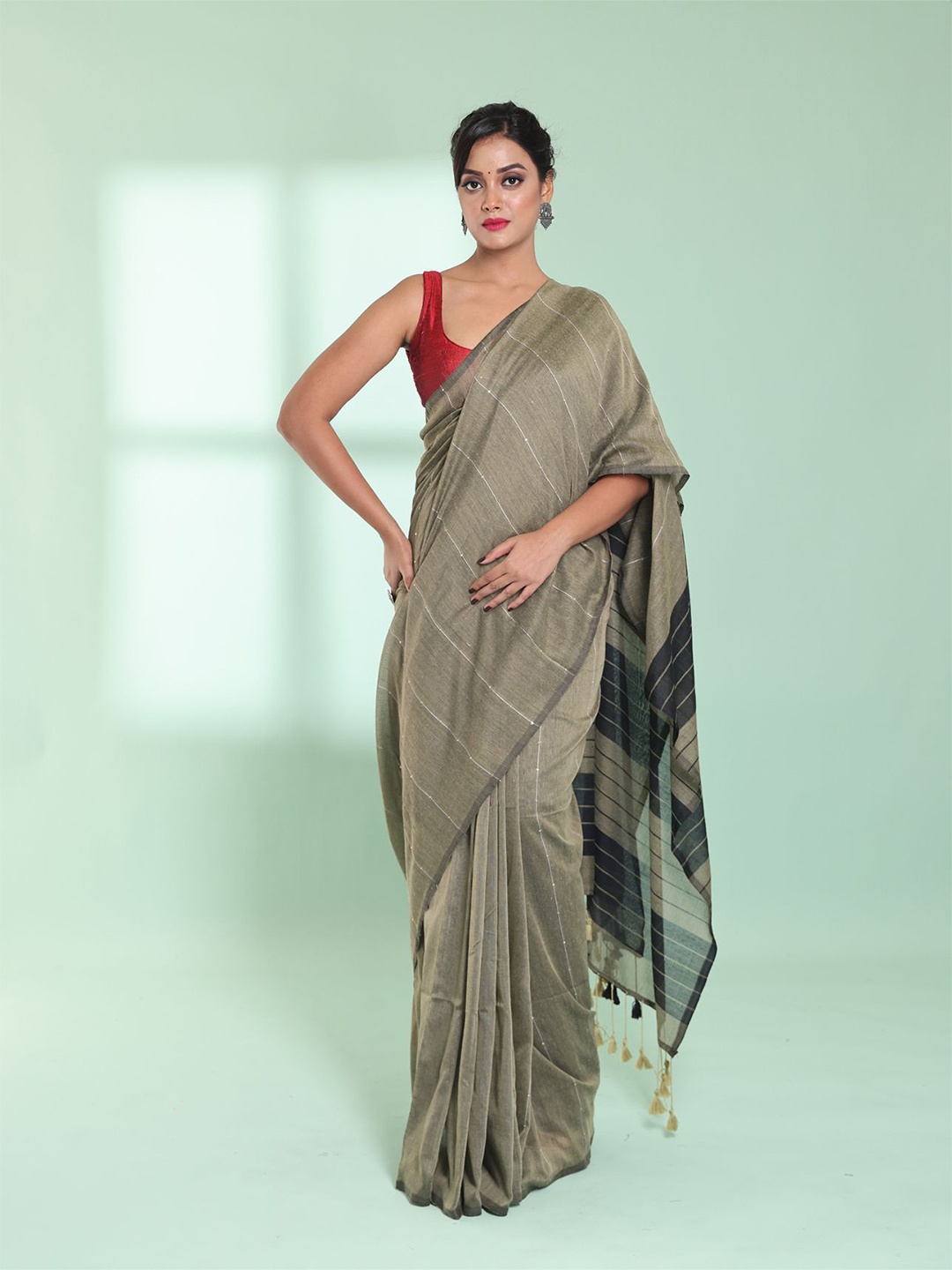 

Charukriti Sequine Work Striped Pure Cotton Saree, Beige