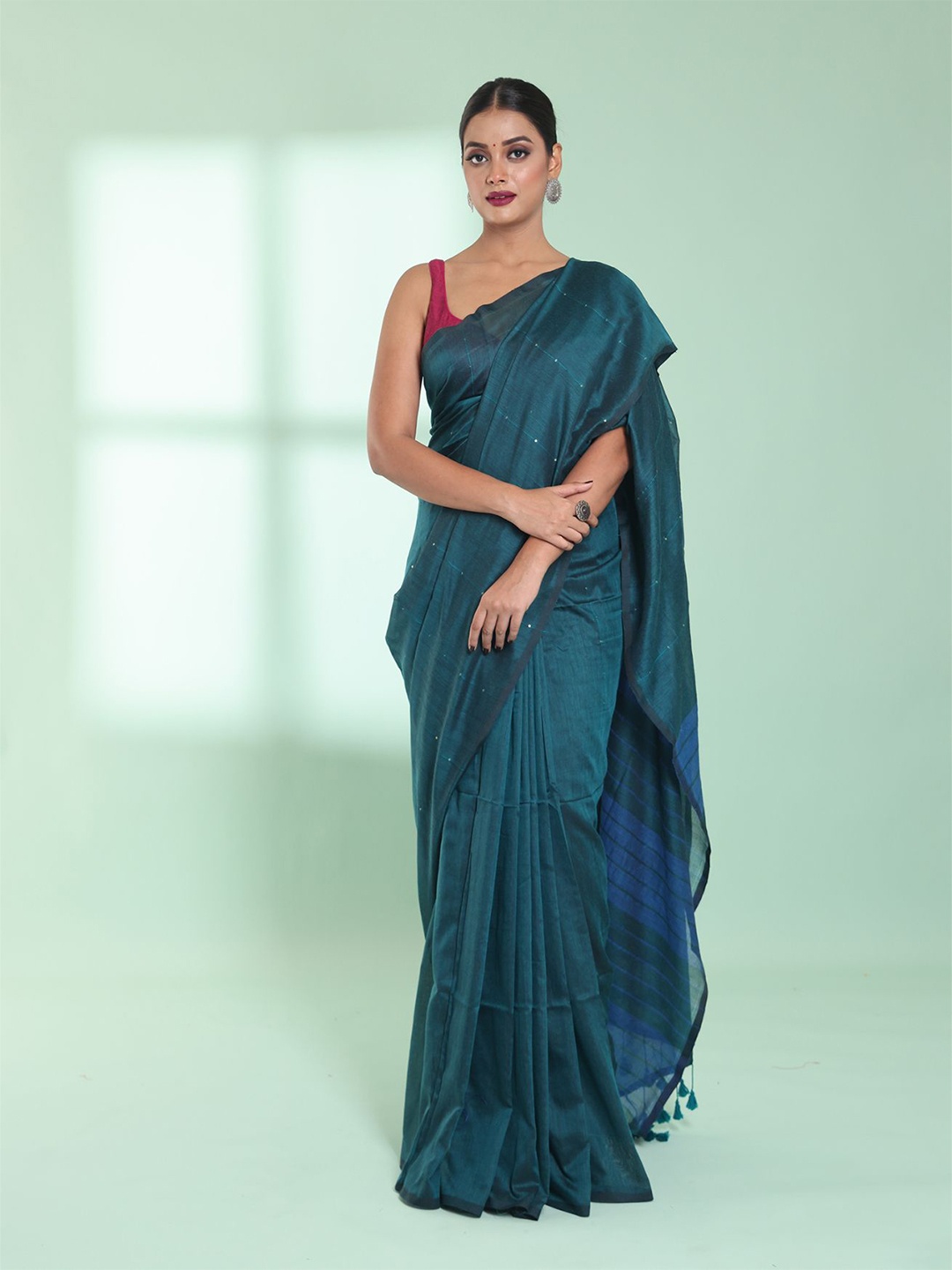 

Charukriti Striped Pure Cotton Saree, Teal