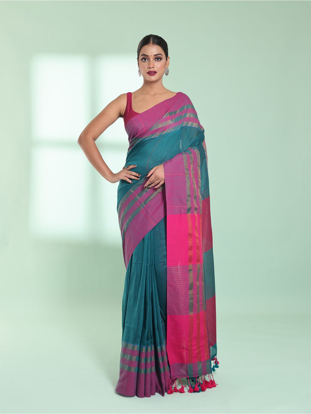 

Charukriti Striped Zari Pure Cotton Saree, Teal